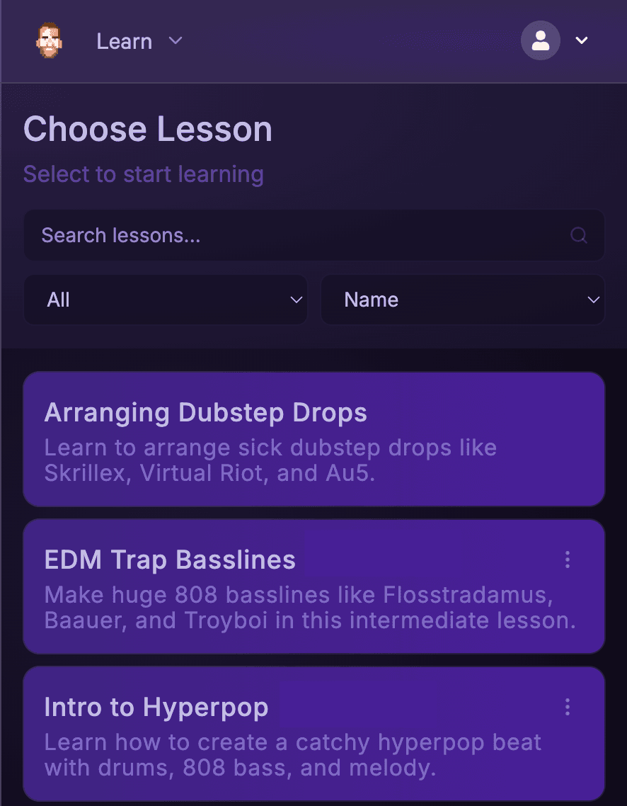 Wavguide app interface showing interactive lesson selection