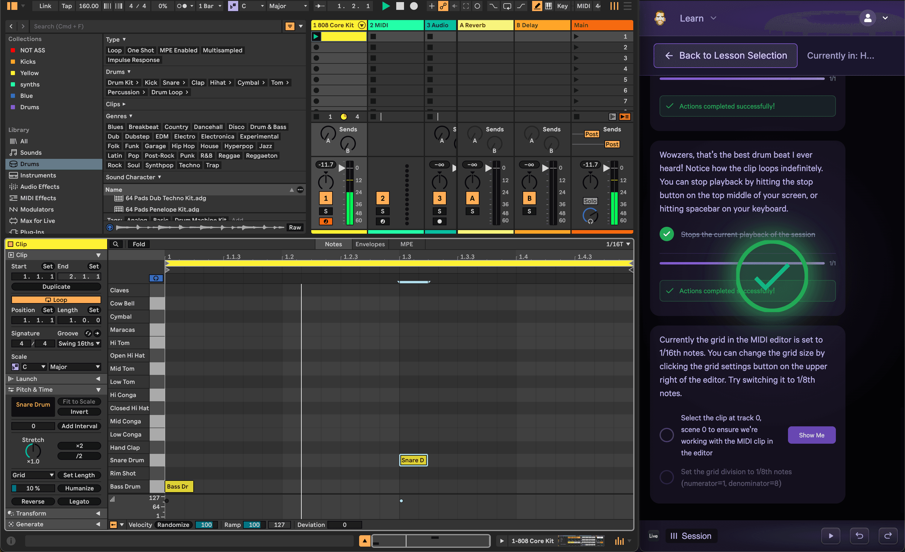 Ableton Live with Conductor overlay showing completed lesson